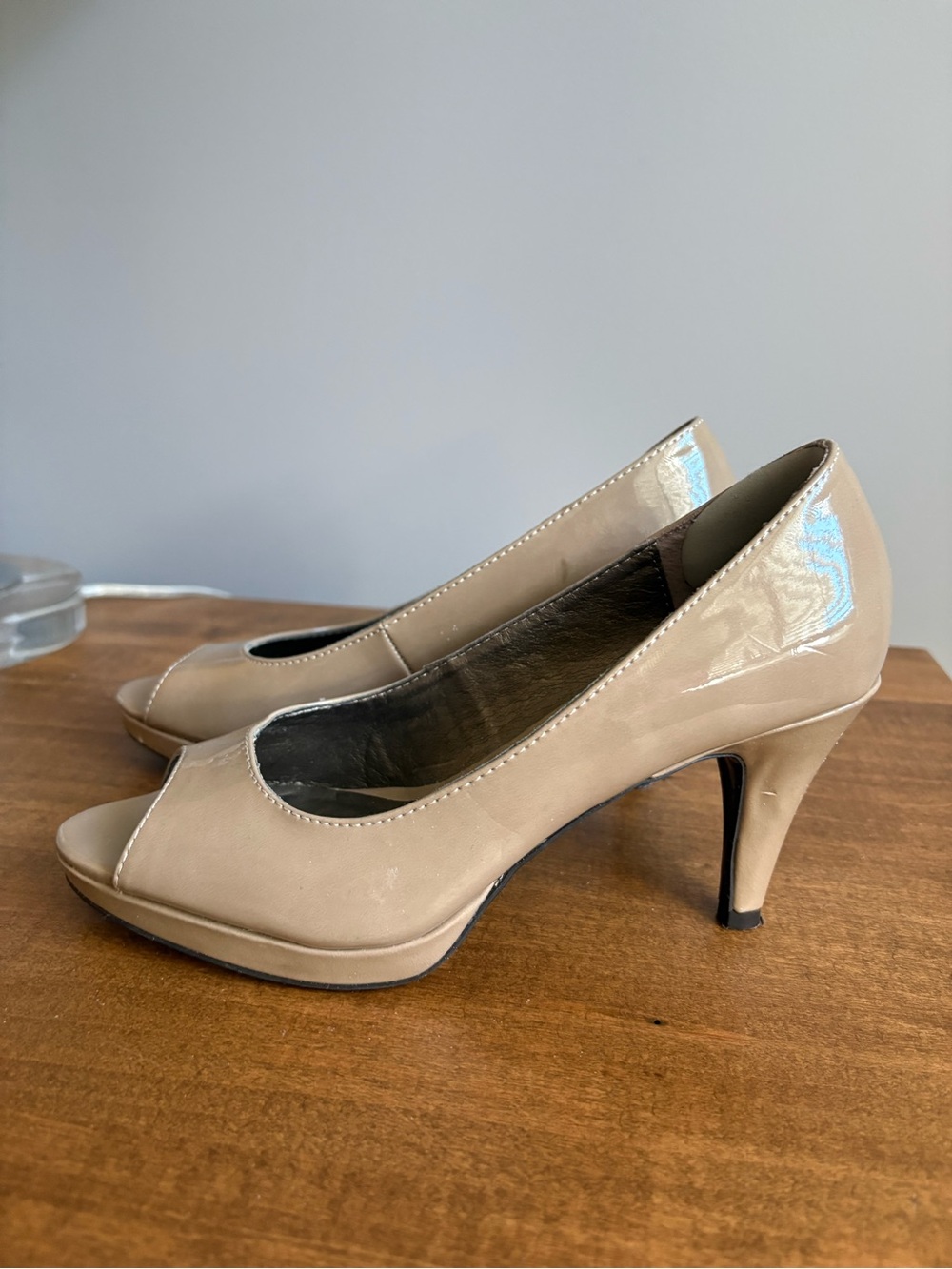 Bandolino Patent Peep-Toe Heels in Nude